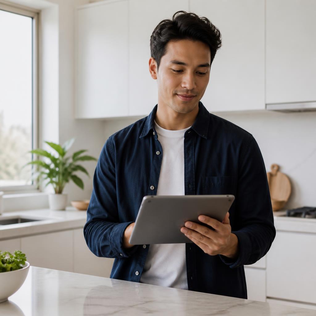 A homeowner calmly reviewing their HousePilot home system on a tablet in a bright, modern kitchen